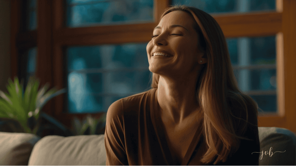 A woman sitting on a couch, eyes closed with a joyful smile, surrounded by lush green plants in a sunlit room, embracing self-acceptance.