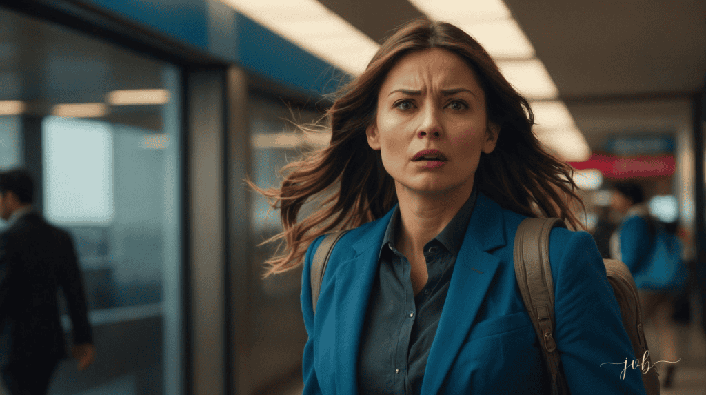 A woman in a blue suit looks worried as she rushes through a train station, highlighting the stress of a busy schedule.