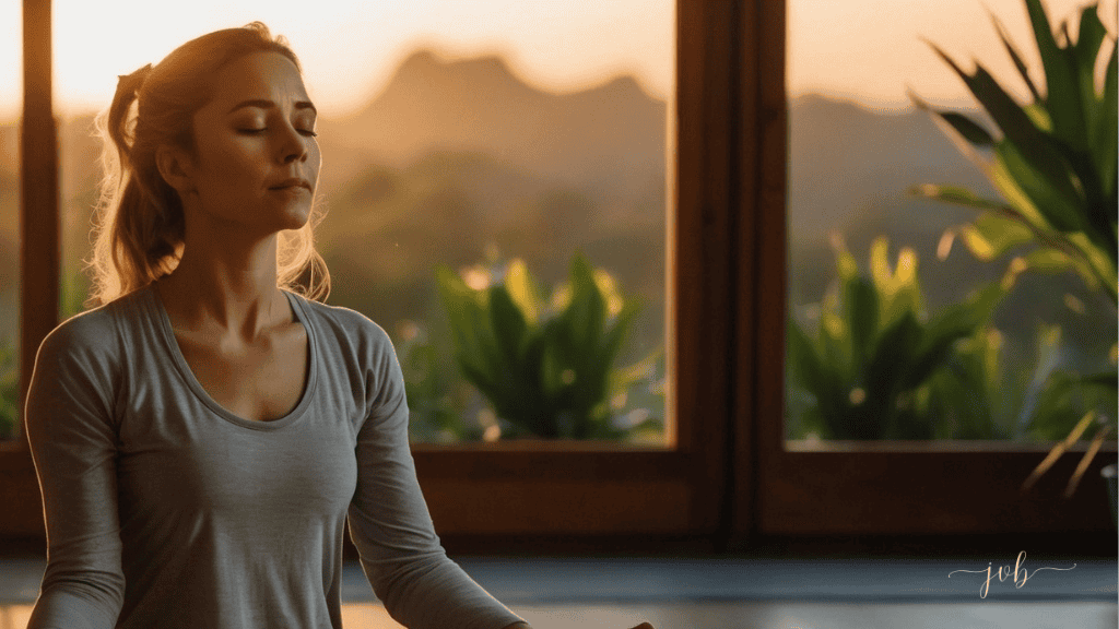 A woman meditates in a serene setting with a sunset and lush greenery visible through the window, embodying peace and mindfulness.