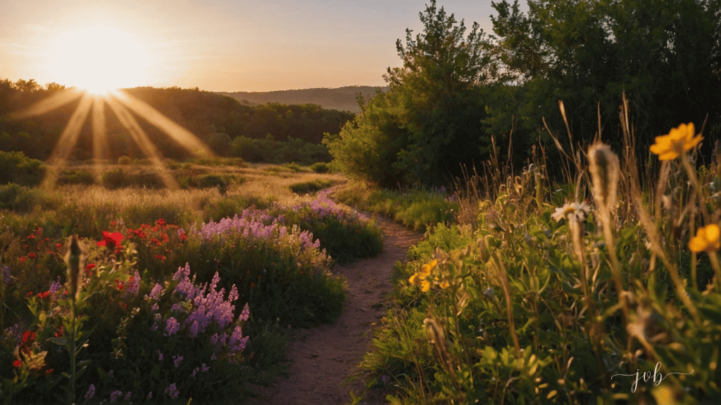 A winding path through a vibrant meadow at sunset, with wildflowers in full bloom and the sun casting golden rays across the landscape.