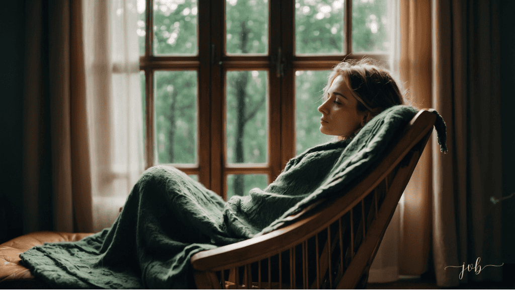 A young woman wrapped in a green blanket sits contemplatively in a wooden chair by a window overlooking lush greenery, reflecting on her thoughts.