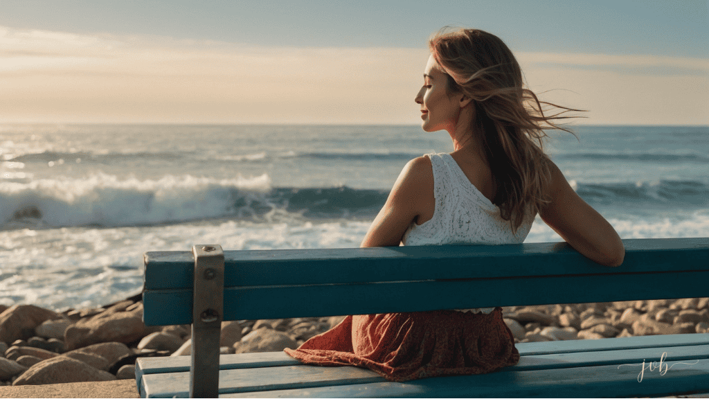 A woman sits peacefully on a bench overlooking the ocean, her hair blowing in the wind, lost in a moment of serene contemplation.