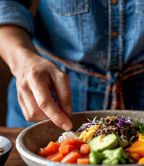 A women preparing a healthy, colorful meal in a bowl with ingredients like avocado, carrots, and mixed grains.