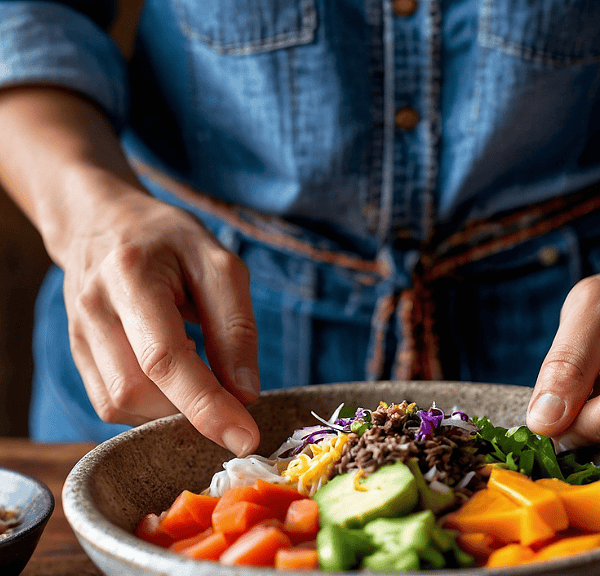 A women preparing a healthy, colorful meal in a bowl with ingredients like avocado, carrots, and mixed grains.