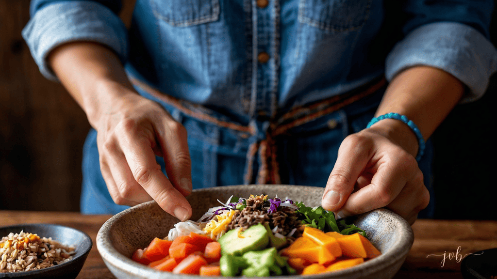 A women preparing a healthy, colorful meal in a bowl with ingredients like avocado, carrots, and mixed grains.