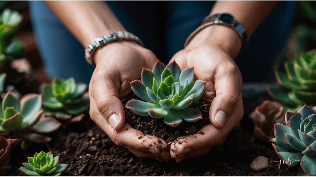 Hands carefully nurturing a succulent, symbolizing the growth of a positive environment.