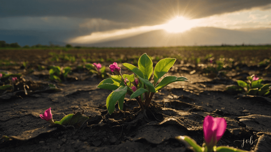 Young flowers blooming resiliently in a sunlit field against a backdrop of a distant mountain at sunset, symbolizing growth in supportive environments.