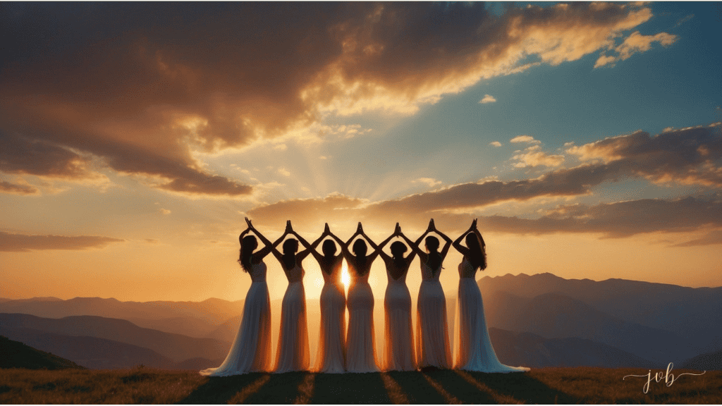 A group of women in flowing dresses creating a chain with their arms raised against a stunning sunset backdrop, symbolizing unity and the power of positive circles.