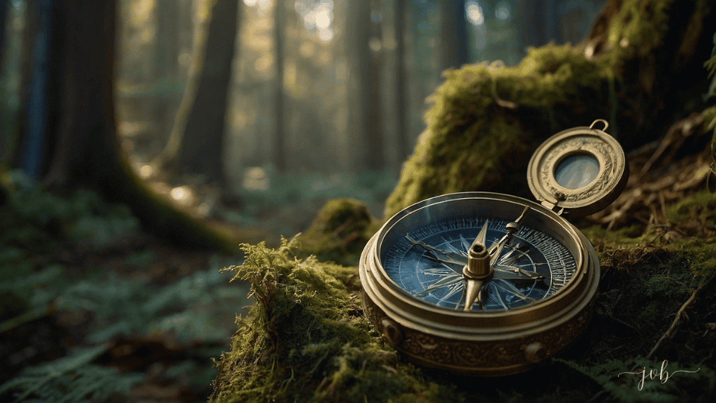 An ornate compass resting on mossy forest ground, symbolizing guidance and direction in a natural setting.