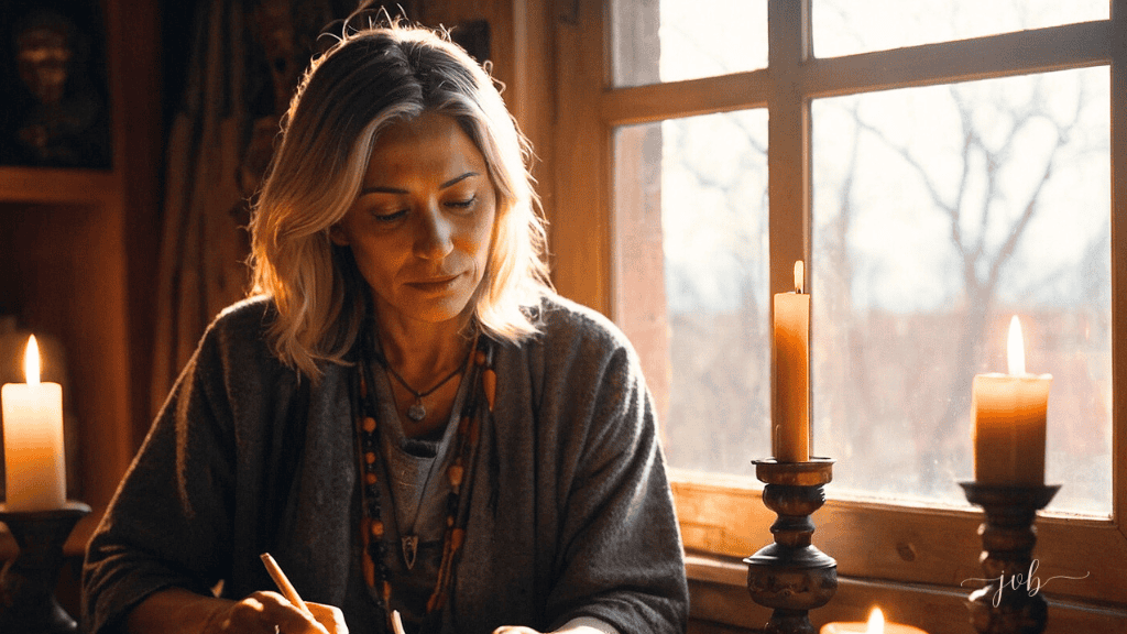 A woman writing in her journal by candlelight, reflecting thoughtfully in a cozy room.