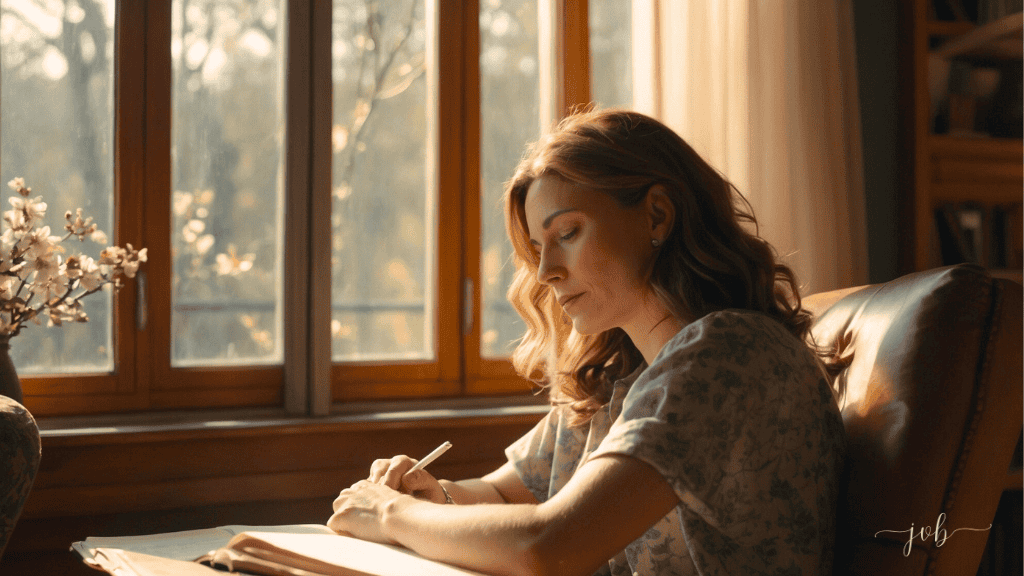 A woman writing peacefully in a sunlit room, surrounded by the beauty of nature through the window.