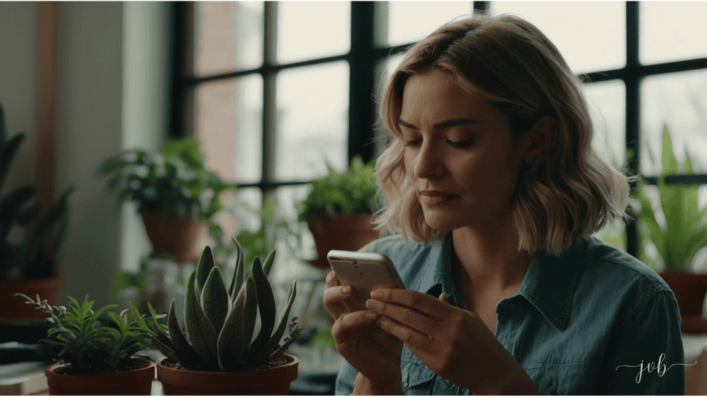 A woman thoughtfully engaging with her smartphone surrounded by lush houseplants, reflecting a mindful approach to digital consumption.