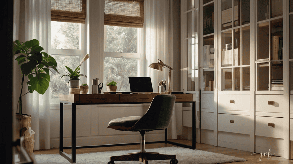 A well-organized home office with a desk adorned with plants, a laptop, and a stylish lamp, overlooking a serene window view.