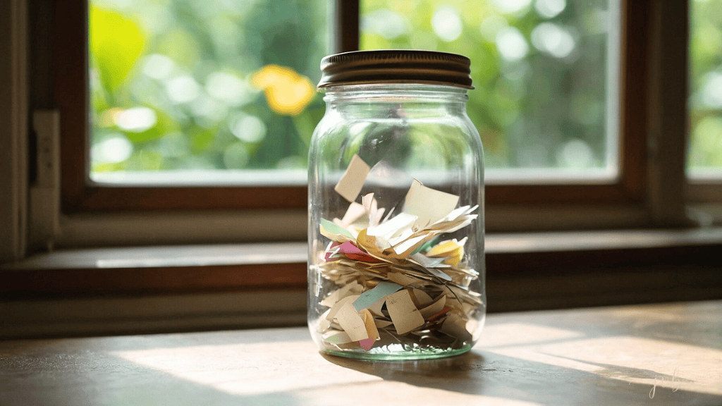 A clear glass jar filled with colorful paper scraps sits on a wooden windowsill with green foliage visible outside.