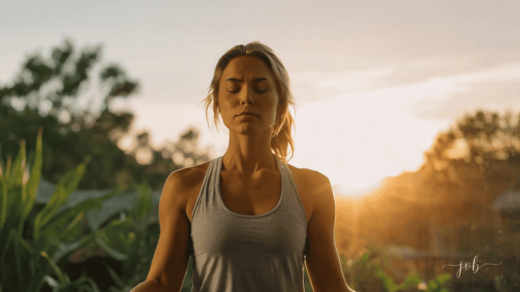 Woman meditating outdoors at sunrise, embodying tranquility and focus.