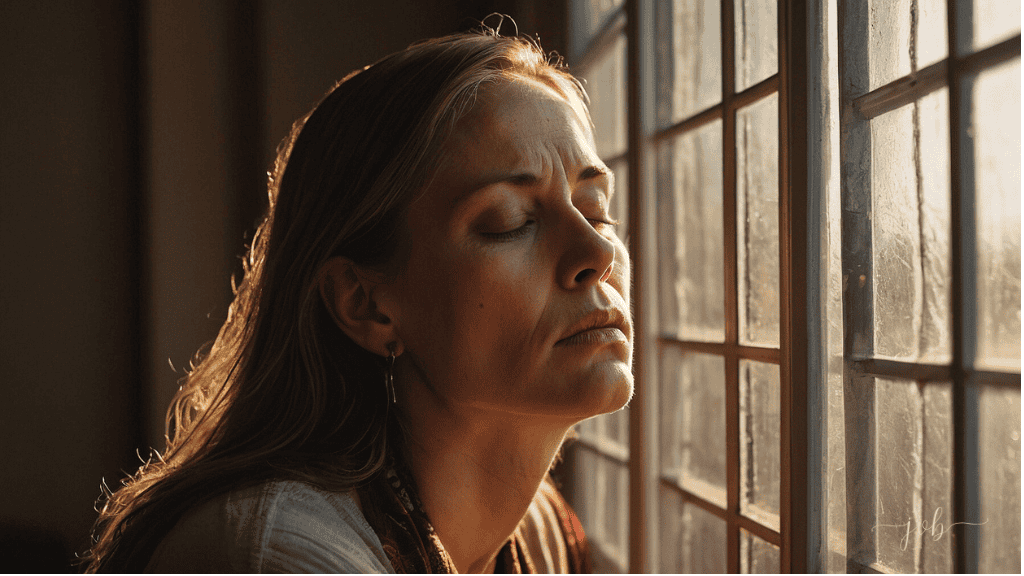 A woman with closed eyes stands in front of a window, sunlight illuminating her face as she appears deep in thought.