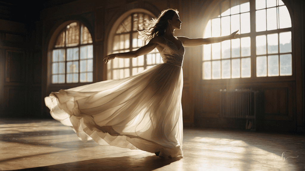 A woman wearing a flowing white dress dances elegantly in a sunlit room with large arched windows.