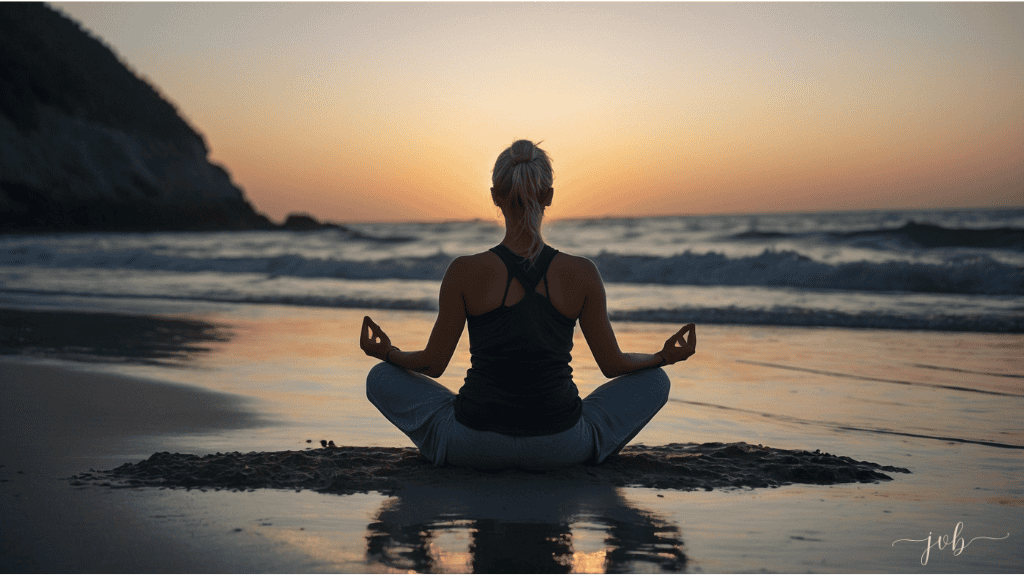 A person meditates while sitting in a lotus position on a beach at sunset, their reflection visible in the calm water.