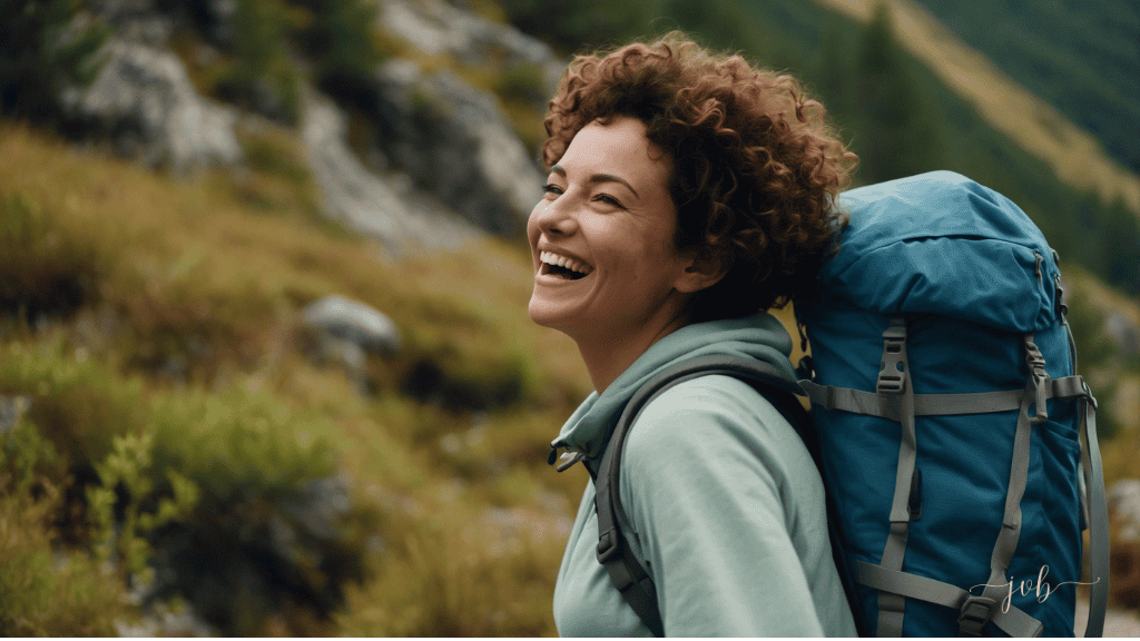 A smiling woman with curly hair wearing a backpack stands outdoors in nature.