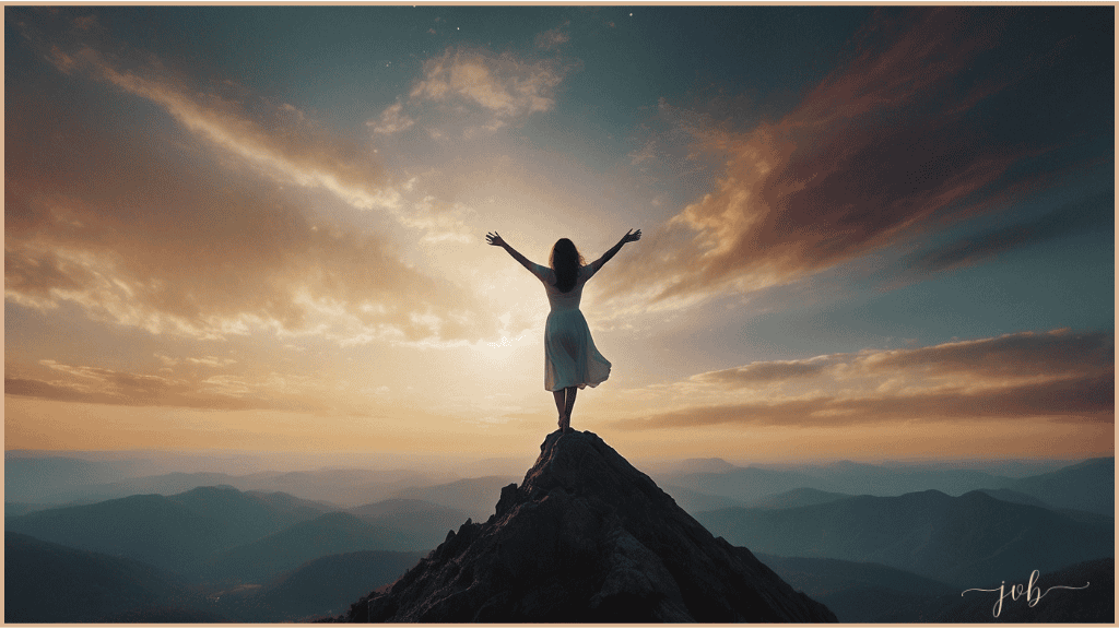 Silhouette of a woman standing on a mountain peak with arms raised at sunrise with a positive mindset.