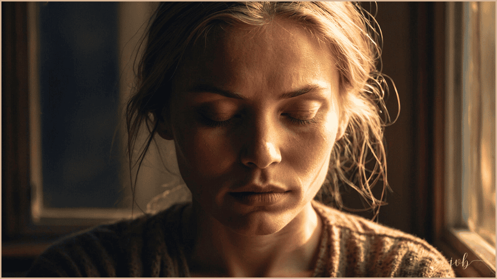 Close-up portrait of a pensive young woman with blonde hair looking down.