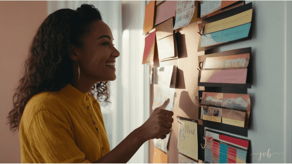 A smiling young woman posts sticky notes on a wall while looking at them thoughtfully.