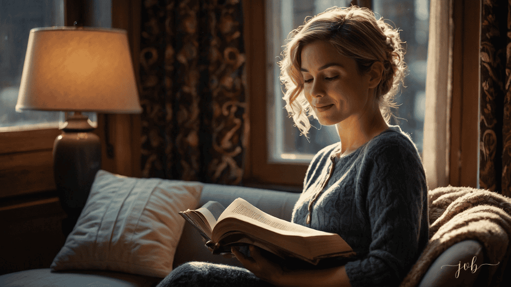 A woman sits on a couch reading a book with a peaceful, contented expression.