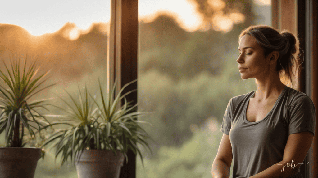 A woman stands by a window, eyes closed, appearing calm and introspective.