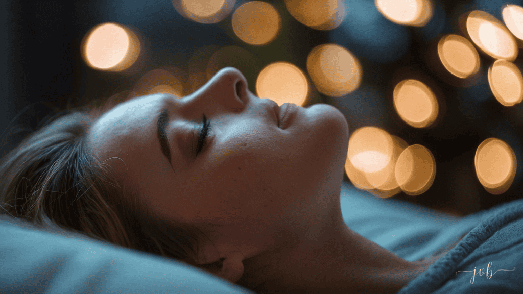 A woman resting peacefully, with soft focus, against a backdrop of glowing lights.