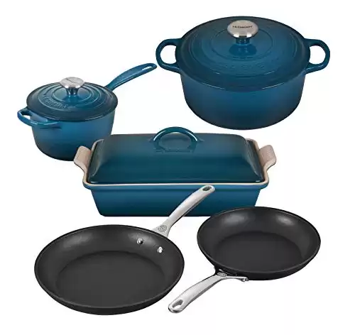 Le Creuset 8 Piece Multi-Purpose Enameled Cast Iron with SS Knobs, Stoneware, and Toughened Nonstick PRO Fry Pan