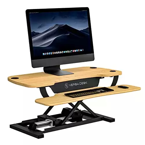 VERSADESK Electric Standing Desk Converter, 36 Inch PowerPro Height Adjustable Sit Stand Desktop Riser with Keyboard Tray, Built-in USB Charging Port, Holds 80 lbs, Push-Button Switch, Maple