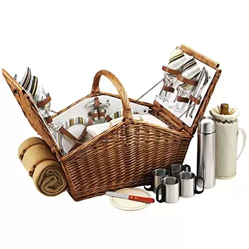 Picnic at Ascot Huntsman English-Style Willow Picnic Basket with Service for 4, Coffee Set and Blanket