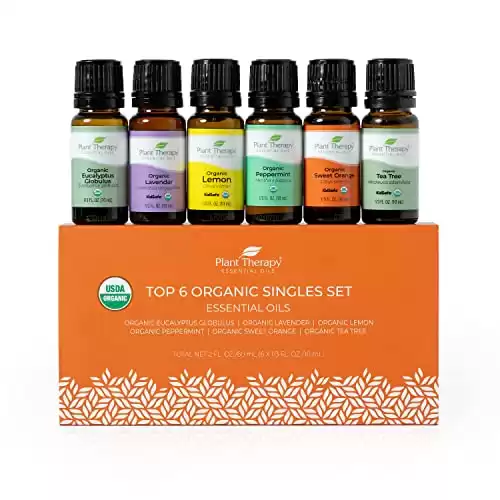 Plant Therapy Top 6 USDA Organic Essential Oil Set - Lavender, Peppermint, Eucalyptus, Lemon, Tea Tree 100% Pure, Natural Aromatherapy, for Diffusion & Topical Use, Therapeutic Grade 10 mL (1/3 oz...