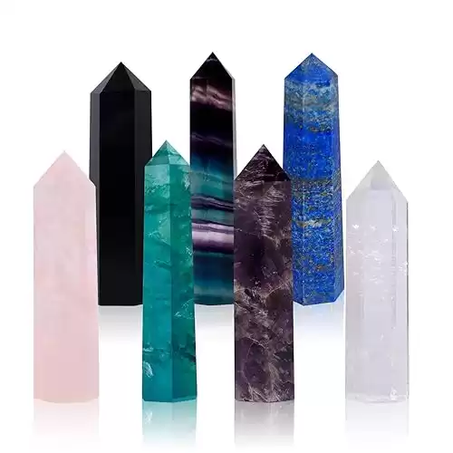 Crystal Wands | 3" Healing Amethyst, Rose Quartz,Clear Quartz,Black Obsidian,Green Fluorite, Lapis Lazuli,Rainbow Fluorite| 6 Faceted Reiki Chakra Meditation Therapy,7 PCS