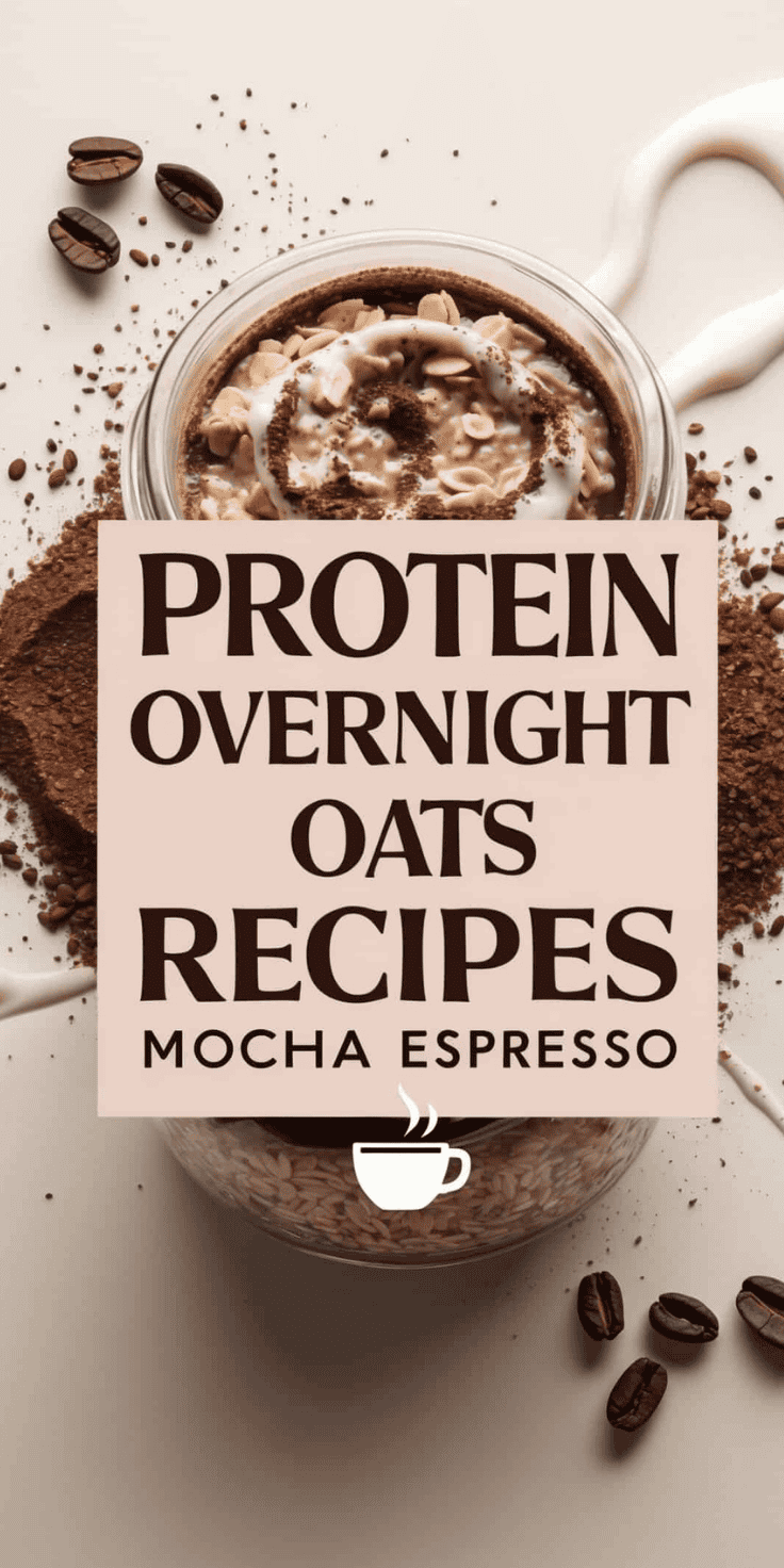 A jar of Overnight Oats topped with cocoa powder, oats, and cream, surrounded by coffee beans and cocoa, with text overlay: “Protein Overnight Oats Recipes - Mocha Espresso.”.