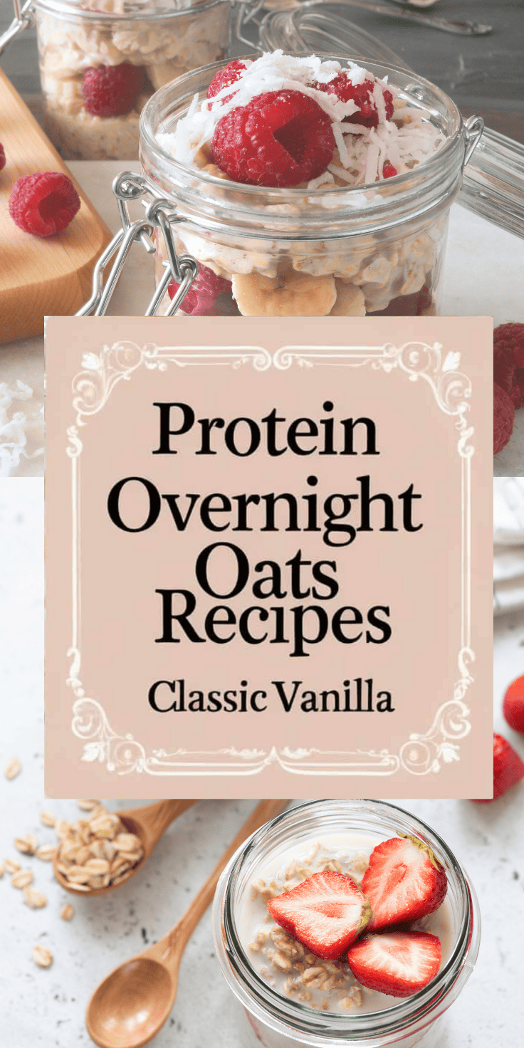 A collage features two jars of Overnight Oats topped with fruit and coconut, a wooden spoon with oats, and a central text panel reading “Protein Overnight Oats Recipes: Classic Vanilla.”.