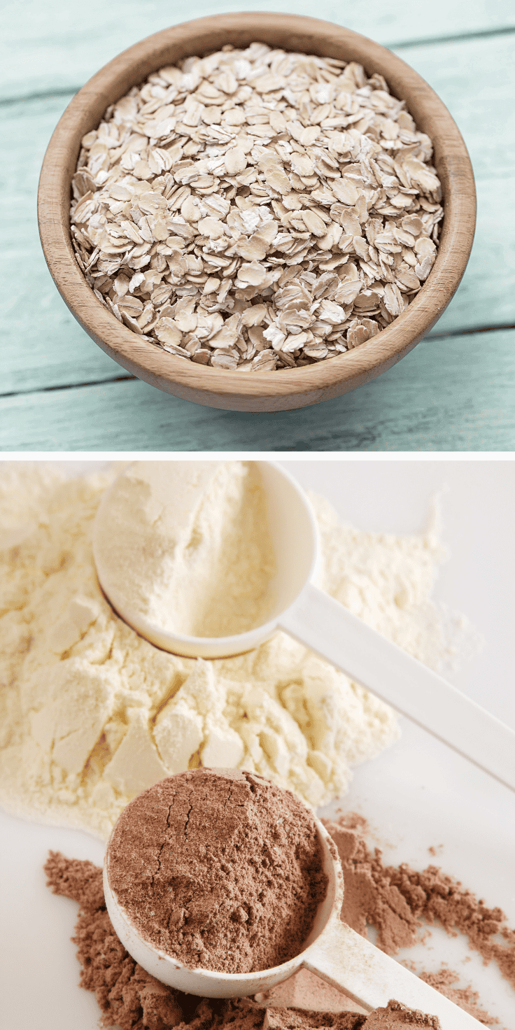 A wooden bowl filled with rolled oats sits on a light blue wooden surface, perfect for preparing Overnight Oats. Below, two scoops—one of cocoa powder and one of vanilla protein powder—rest on a white background.