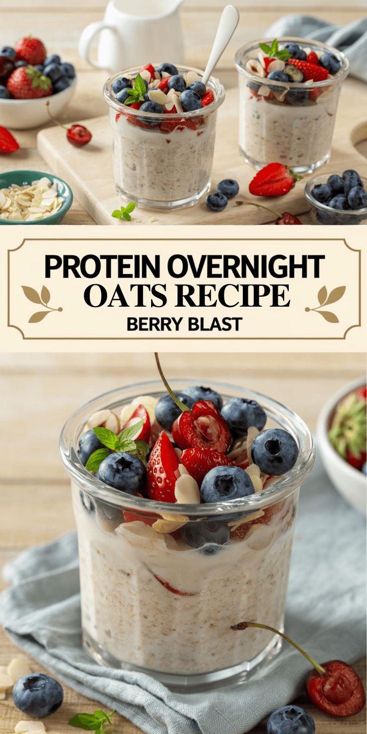 Two glass jars filled with overnight oats, topped with fresh strawberries, blueberries, and almond slices, are placed on a wooden table. A sign in the middle reads: “Protein Overnight Oats Recipes — Berry Blast.”.