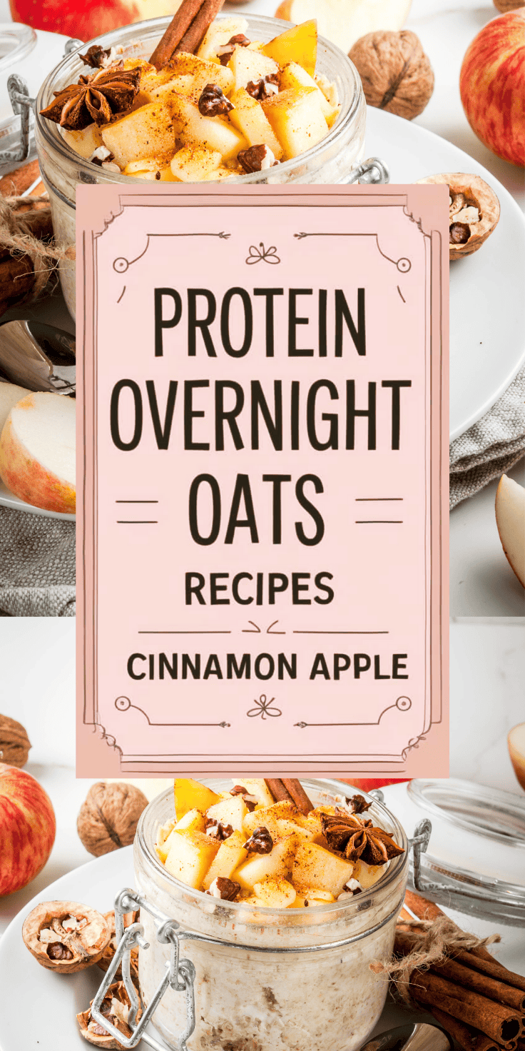A jar of Overnight Oats packed with protein sits on a white plate, topped with chopped apples, cinnamon sticks, and star anise, surrounded by walnuts and apple slices; text overlay reads, Protein Overnight Oats Recipes: Cinnamon Apple.