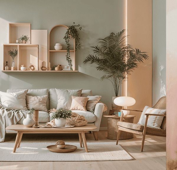 A serene living room with a pastel-colored palette, this stylish sanctuary features a chic light gray sofa adorned with cushions, wooden furniture, and various green plants. Soft lighting and artistic wall textures create a cozy and inviting atmosphere.