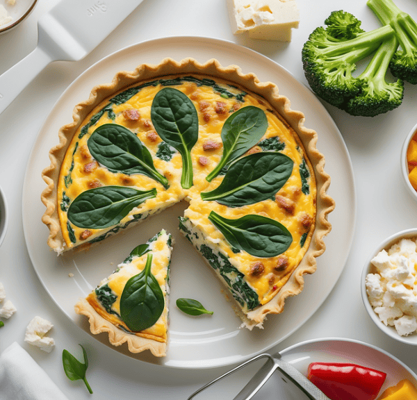 A freshly baked quiche, perfect for high-protein quiche recipes, with spinach leaves on top, surrounded by bowls of diced cheese, chopped vegetables, broccoli, and a whisk on a white surface. A slice of this protein-packed delight is cut and ready to be served.