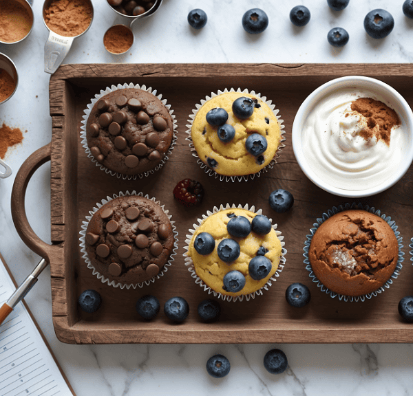 A wooden tray holds assorted muffins: chocolate chip, blueberry, and plain. Next to them, a bowl of yogurt sprinkled with cinnamon. Scattered blueberries, measuring cups with cocoa and cinnamon, and a notebook ready for high-protein muffin recipes are nearby on a marble surface.