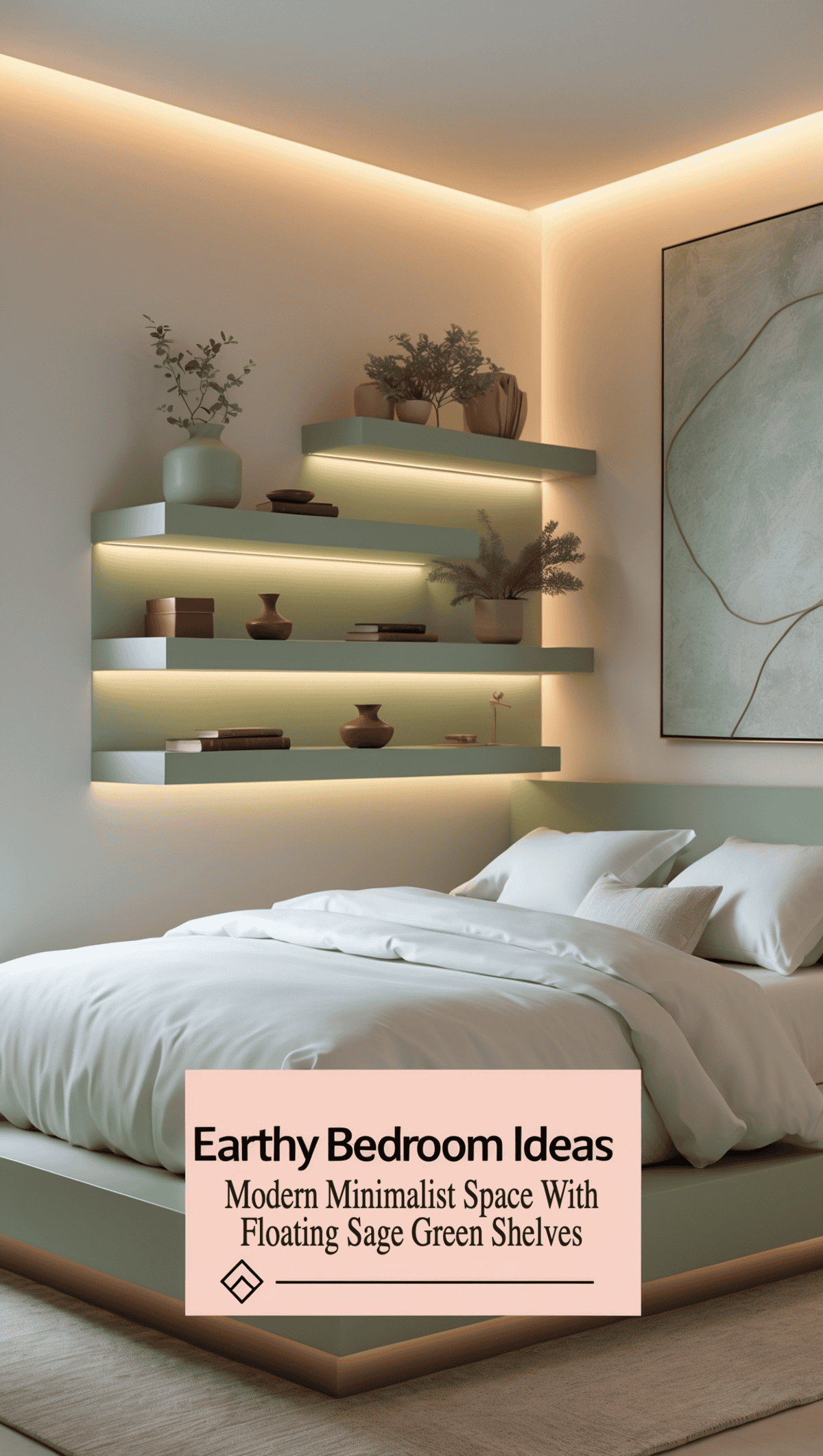 Discover earthy bedroom ideas in this modern minimalist space. Floating sage green shelves hold plants and decor, while the bed with white bedding is softly illuminated to enhance earthy tones. Abstract art adorns a wall, completing the serene environment.