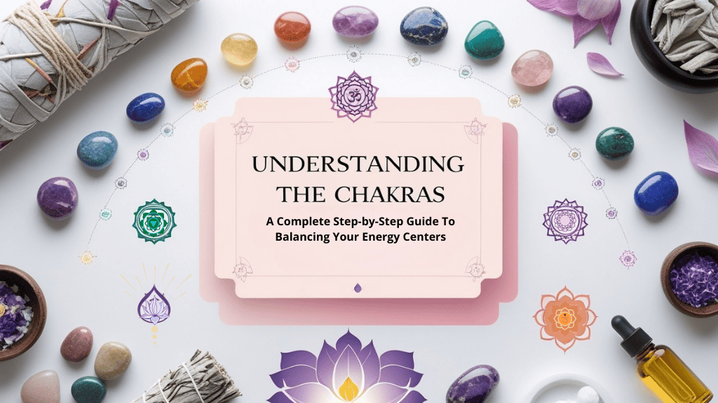 A variety of colorful crystals form a semicircle around cards that read “Understanding the Chakras: A Complete Step-by-Step Guide To Balancing Your Energy Centers,” with chakra symbols, sage, and flowers arranged decoratively nearby to inspire chakra healing.