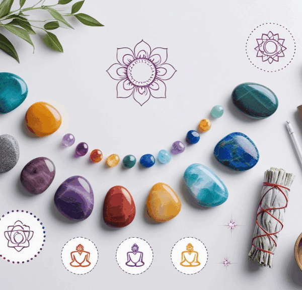 A variety of colorful crystals, incense, rolled towels, and chakra meditation symbols are arranged neatly on a white surface, creating a serene and balanced atmosphere focused on wellness and mindfulness.