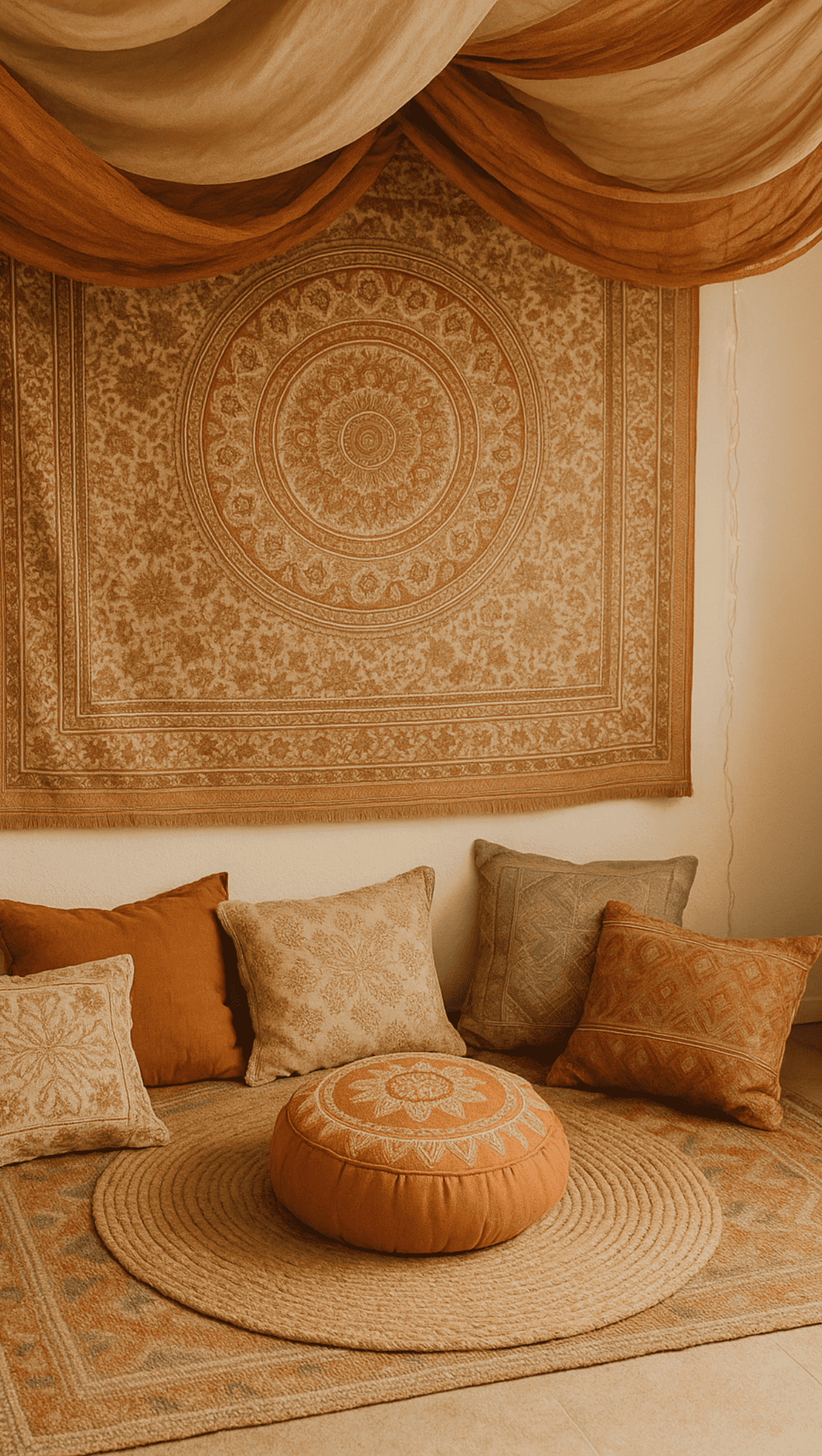 A cozy bohemian seating area designed for Meditation Spaces, with patterned pillows, a round floor cushion, a woven rug, and a decorative tapestry. Warm earth tones and draped fabric create a relaxed, inviting atmosphere.