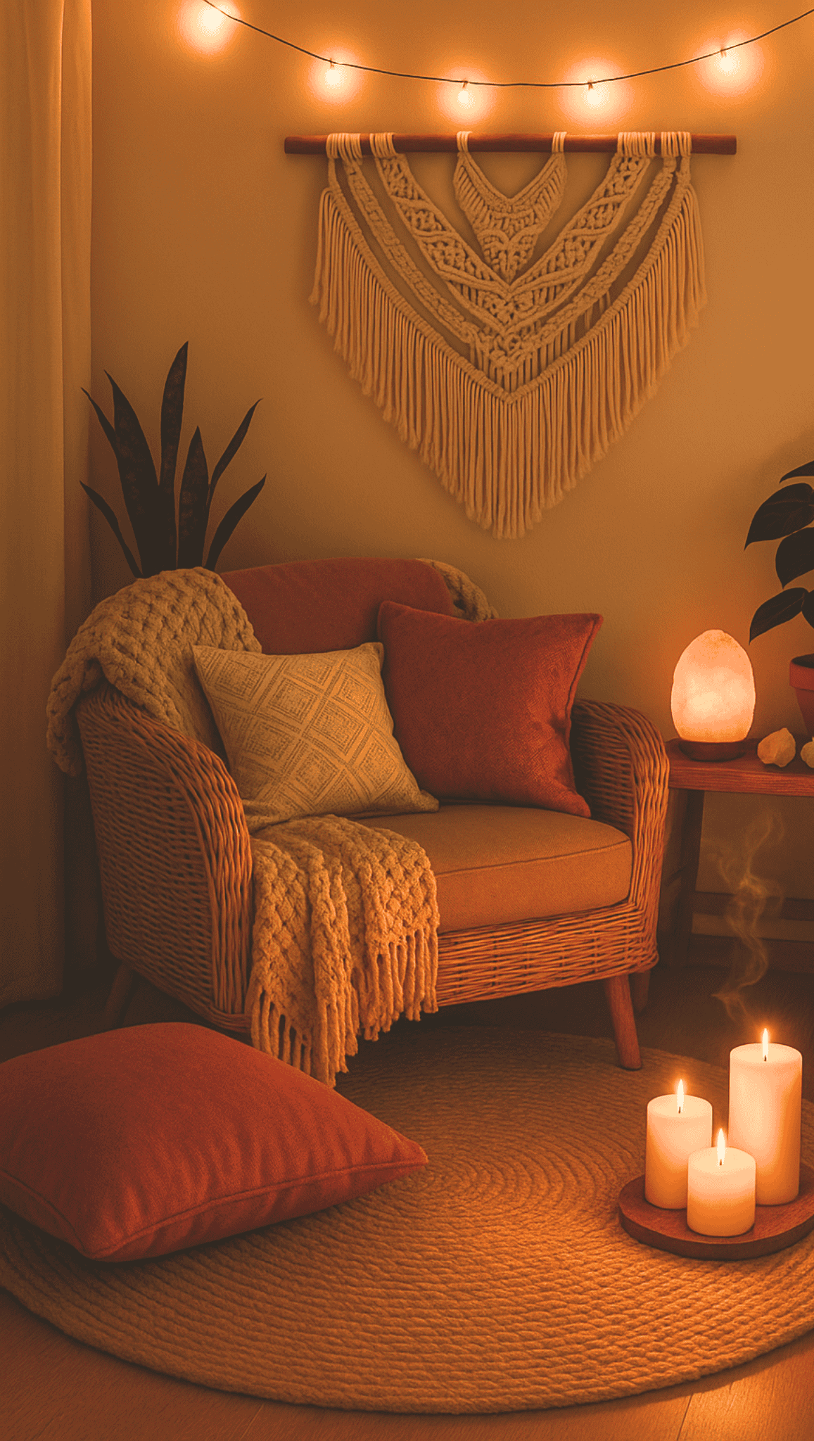 Cozy living room designed as a meditation room, featuring warm lighting, a wicker armchair with cushions and a knitted throw, a salt lamp, houseplants, macramé wall art, string lights, and candles on a round rug.