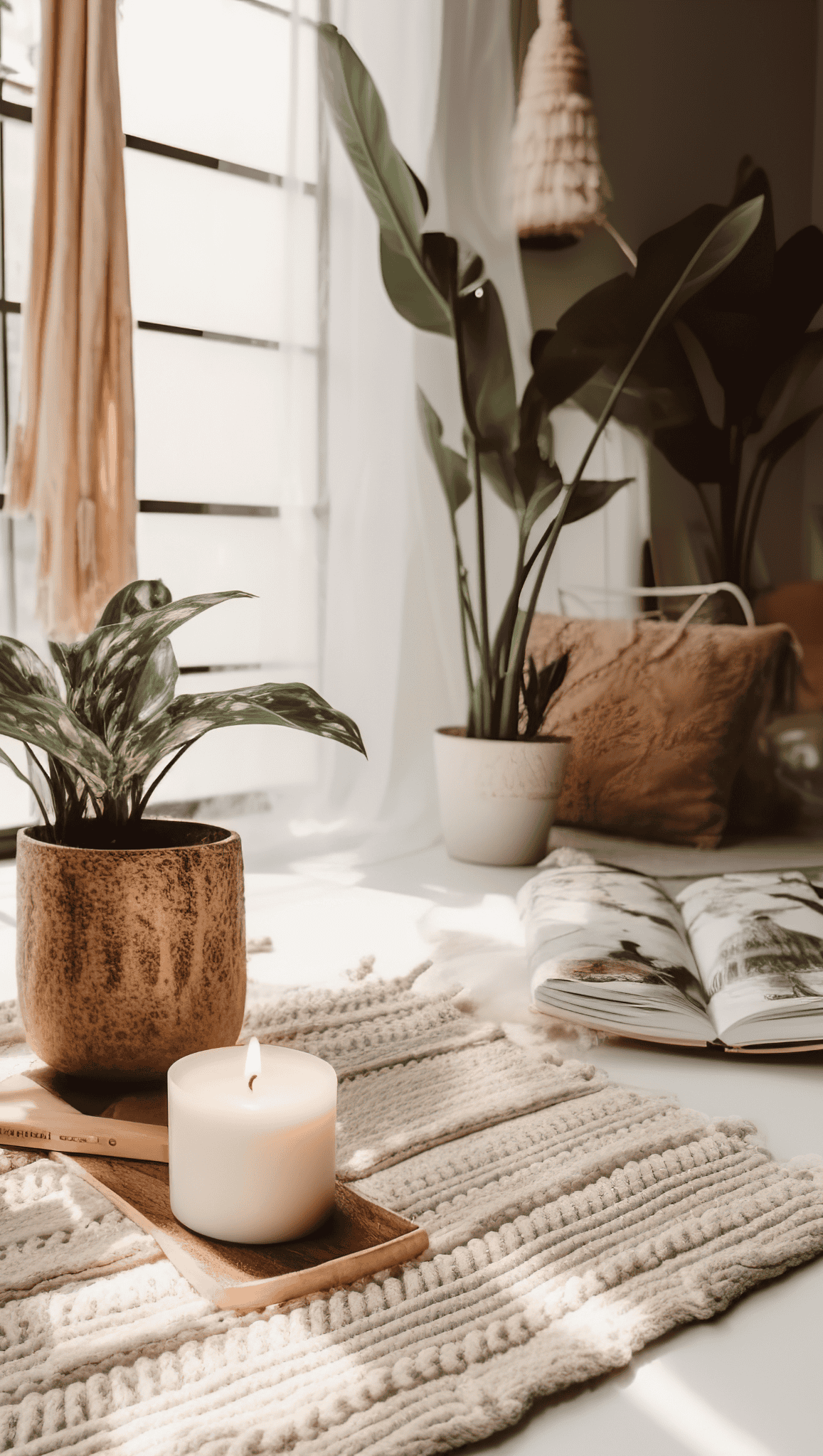 A cozy, sunlit meditation room with potted plants, an open book, and a lit candle on a woven mat. Soft natural light enters through sheer curtains, creating a warm, relaxing atmosphere perfect for quiet reflection.