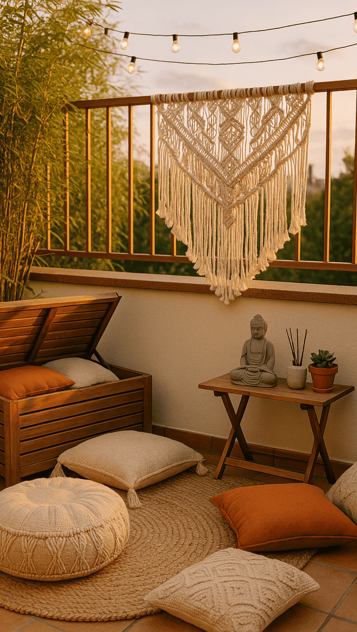 A cozy outdoor meditation room patio with floor cushions, a round woven rug, a small wooden table topped with a Buddha statue and potted plants, a macrame wall hanging, string lights, and bamboo in the background.