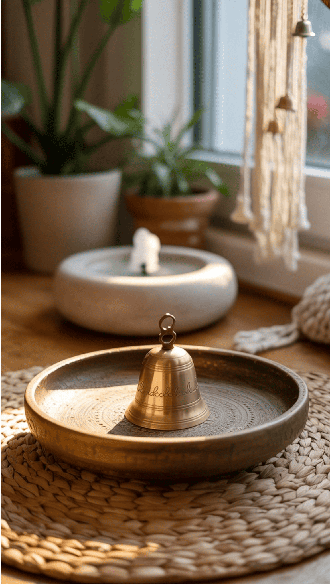 A brass bell sits on a decorative plate atop a woven mat, creating a serene focal point for meditation spaces, with potted plants, a macramé wall hanging, and sunlight streaming through a nearby window in the background.